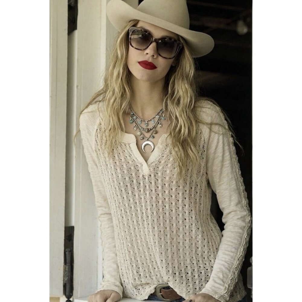 Miss Me Henley Style Top Long Sleeve L Crochet Beige‎ Sheer Boho Western Ranch